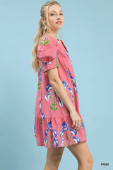 Floral Print Puff Sleeve Mini Dress with Scallop Trim Umgee