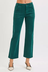 High Rise Ankle Flare Patch Pocket Jeans Risen HUNTER GREEN 0