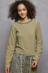 Round Neck Long Sleeve Contrast Stitching T-Shirt with Stud Detail POL