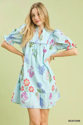 Multi Flower Print V-Neck Dress Umgee SEAFOAM S