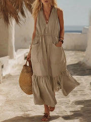 Sleeveless Zipper‑Front Pocket Ruffle Hem Maxi Dress (Regular & Plus) Simmer & Fay Beige S