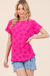 Textured Floral Pattern Short Sleeve T-Shirt BomBom Fuchsia S