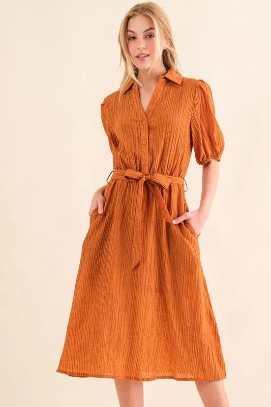 Waffle Textured Ribbon Waist Midi Dress And the Why Caramel S
