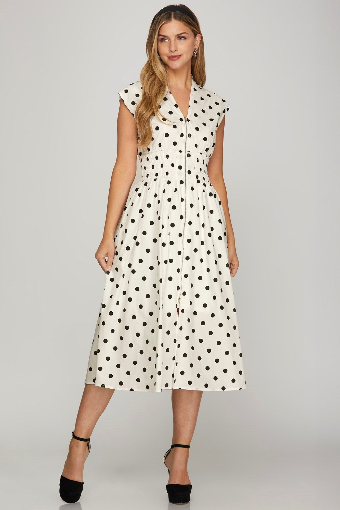 Front Zip Polka Dots Cap Sleeve Midi Dress She + Sky OFF WHITE S