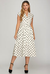 Front Zip Polka Dots Cap Sleeve Midi Dress She + Sky OFF WHITE S