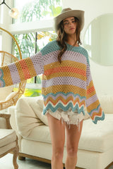 Wavy Hem Openwork Contrast Round Neck Sweater BiBi