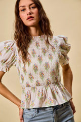 Floral Cotton Smocked Short Sleeves Blouse So Me