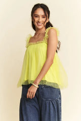 Shirred Ruffle Strap Tulle Babydoll Top Davi & Dani