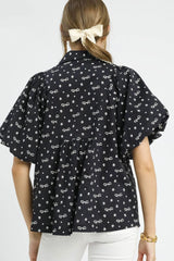 Bow Print Puff Sleeve Blouse Umgee
