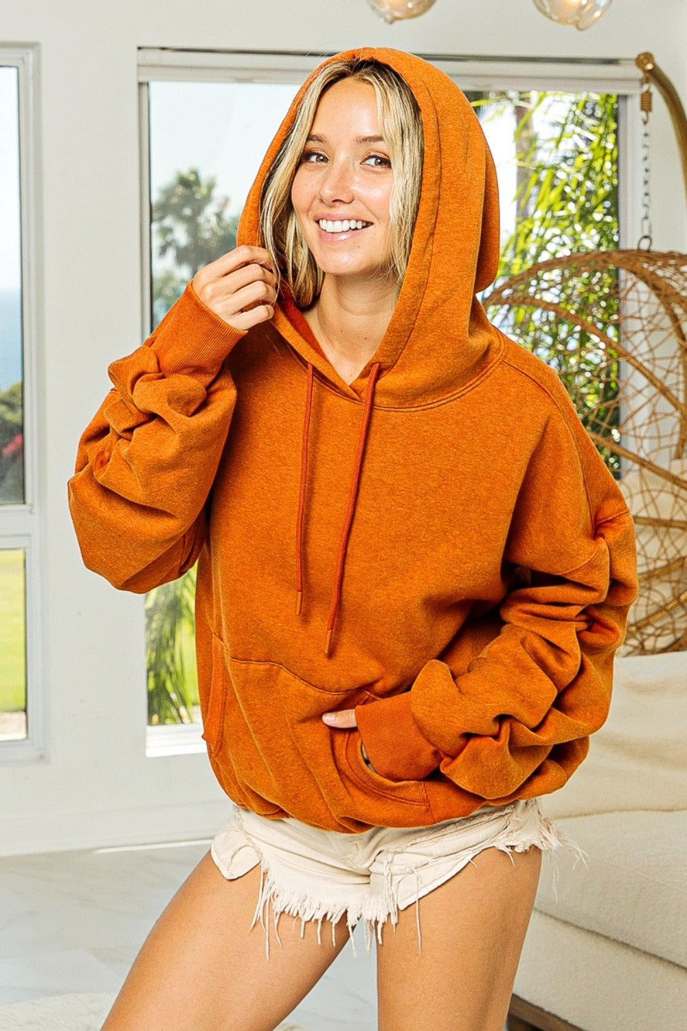 Ruched Long Sleeve Washed Fleece Hoodie BiBi Vintage Rust S
