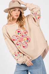 Daisy Patch Applique Long Sleeve Sweatshirt Sage + Fig Oatmeal S