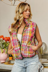Quilted Washed Plaid Snap Down Vest BiBi