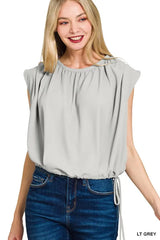 Woven Drawstring Tie Side Sleeveless Top ZENANA