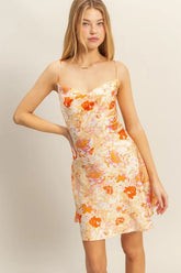 Floral Cowl Neck Flirty Satin Mini Dress HYFVE ORANGE S