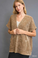 Open Front Knit Cardigan with Front Pockets Umgee MOCHA S