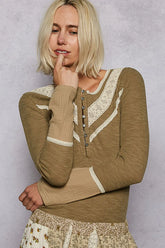 Ribbed Half Button Lace Detail Knit Top POL Olive S