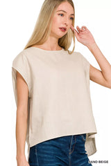Linen Round Neck Cap Sleeve Top ZENANA SAND BEIGE S