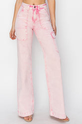 High Rise Wide Leg Cargo Pocket Jeans Risen Acid Pink 0(24)