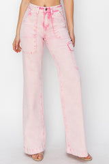 High Rise Wide Leg Cargo Pocket Jeans Risen Acid Pink 0(24)