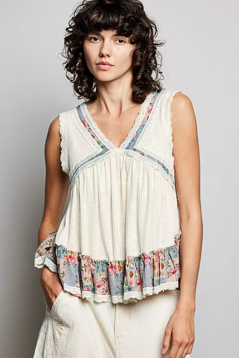Lace Detail Ruffled Ribbed Sleeveless Top with Floral Pattern Trim Detail POL NATURAL S