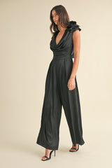 3D Floral Applique Deep Cowl Neck Jumpsuit Mable