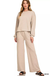 French Rib Pullover and Pants Set ZENANA BEIGE S