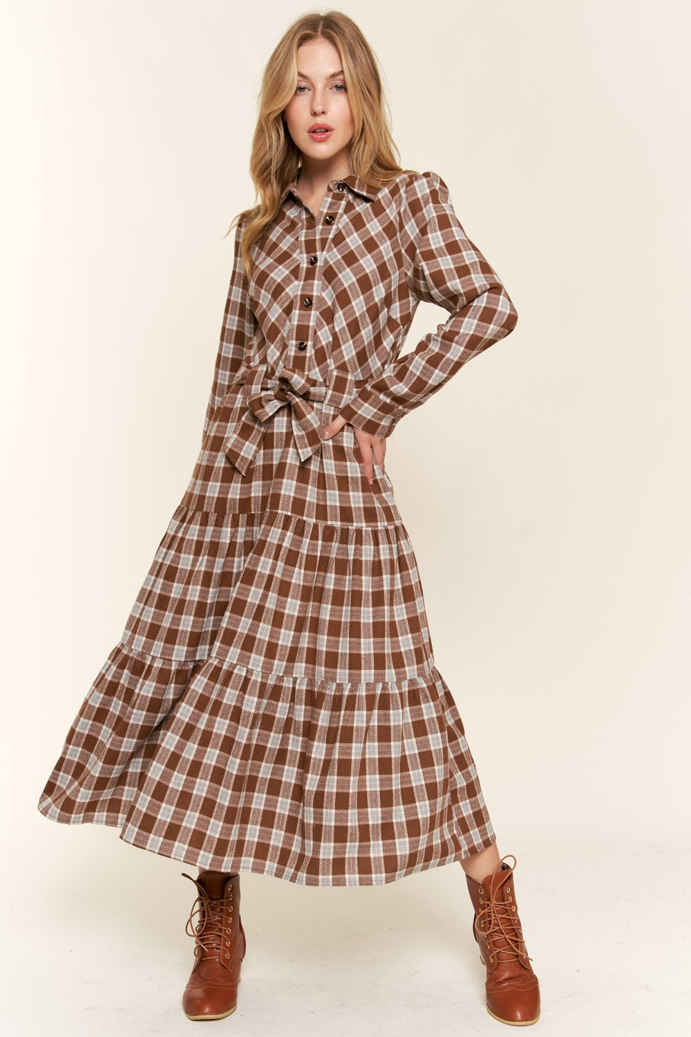 Plaid Tiered Midi Shirt Dress And the Why Brown S