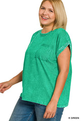 Zenana Full Size Crinkle Washed Round Neck Folded Short Sleeve Tee Plus Size Trendsi