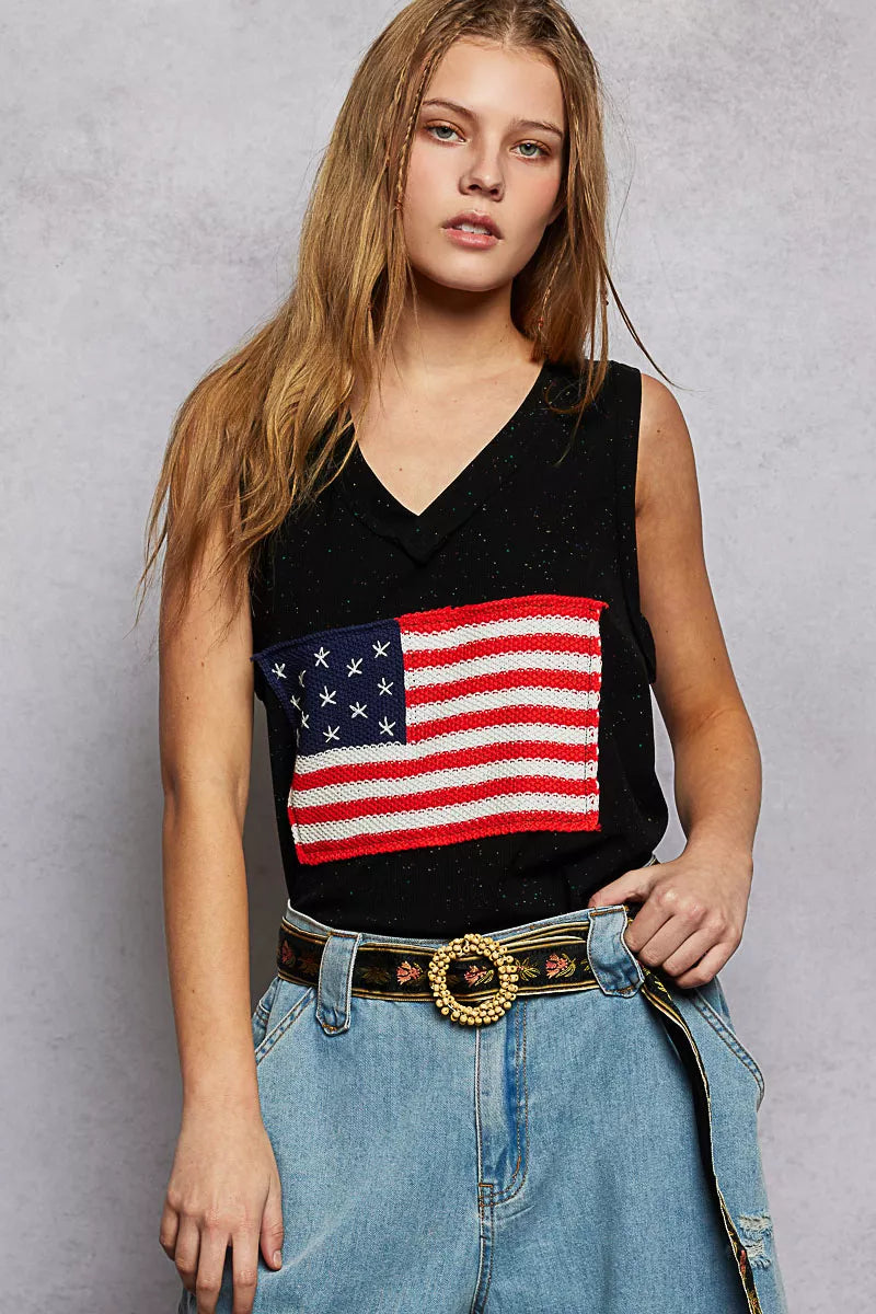 V-Neck Ribbed Tank with American Flag Patch and Star Back Patch POL BLACK S