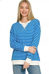 Contrast Striped Round Neck Sweatshirt ZENANA