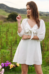 Self-Tie Puff Sleeve Smocking Open Back Mini Dress Davi & Dani WHITE S