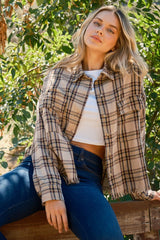 Button Up Raw Hem Long Sleeve Plaid Shirt And the Why Taupe S