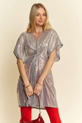 Sequin Plunge Neck Knot Cut Out Tie Back Party Dress Davi & Dani Silver S