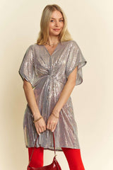 Sequin Plunge Neck Knot Cut Out Tie Back Party Dress Davi & Dani Silver S