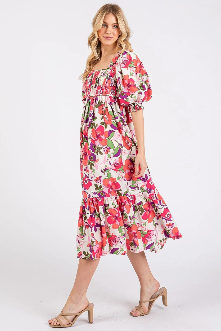 Flower Print Puff Sleeve Ruffle Smocked Midi Dress Mittoshop
