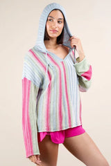 Multi Color Stripe Long Sleeve Ribbed Knit Hoodie Very J