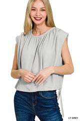 Woven Drawstring Tie Side Sleeveless Top ZENANA LT GREY S