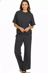 Zenana Ribbed Round Neck Tee & Pants Set Trendsi