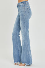 High Rise Light Wash Frayed Hem Flare Jeans Risen