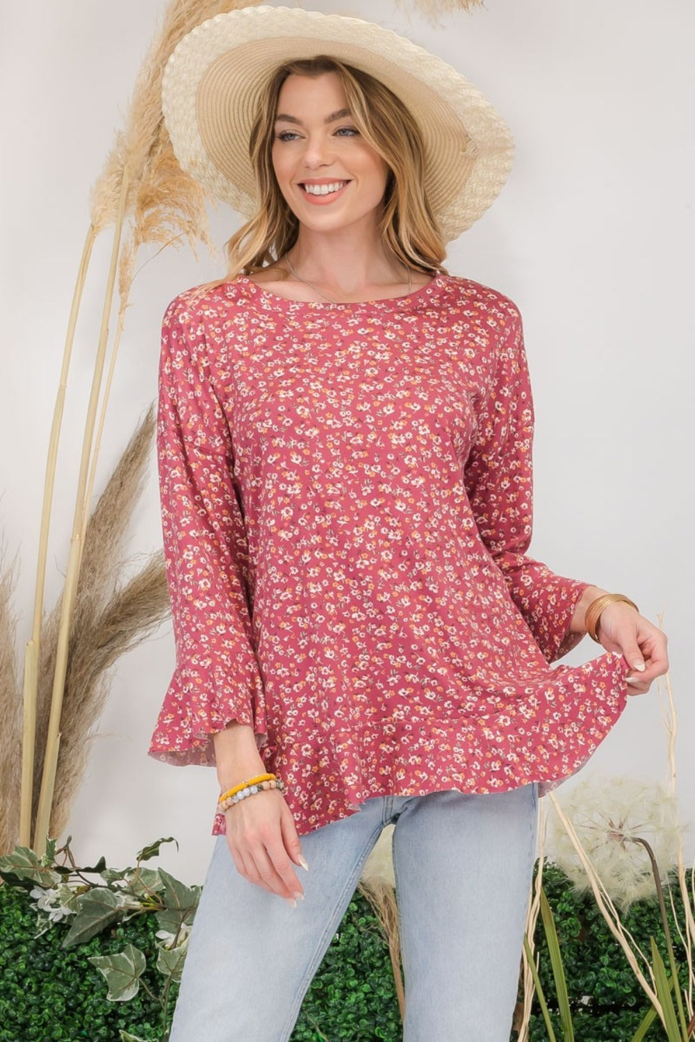 Long Sleeve Floral Ruffle Detail Tiered Top Celeste Mauve S