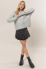Distressed Cable-Knit Round Neck Long Sleeve Sweater HYFVE