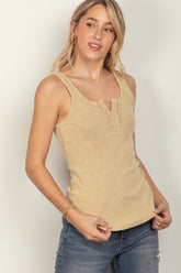 Washed Ribbed Tank with Placket Detail Very J Beige S