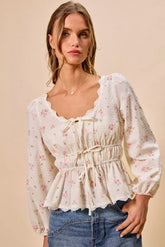 Floral Clip Dot Lace Trim Ruched Bodice Blouse So Me WHITE S