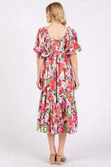 Flower Print Puff Sleeve Ruffle Smocked Midi Dress Mittoshop
