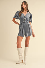 Jewel Bow Decor Puff Sleeve Velvet Romper Mable