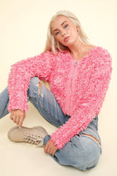 Shaggy Yarn Knit Zip Up Jacket Very J Pink Multi S