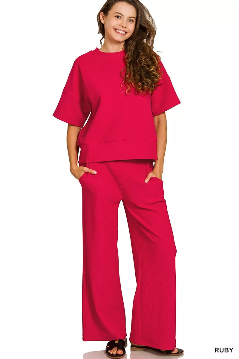 Ribbed Round Neck Tee & Pants Set ZENANA RUBY S