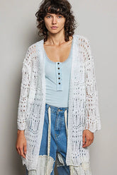 Openwork Lightweight Open Front Cardigan with Scalloped Edge POL OFF WHITE S