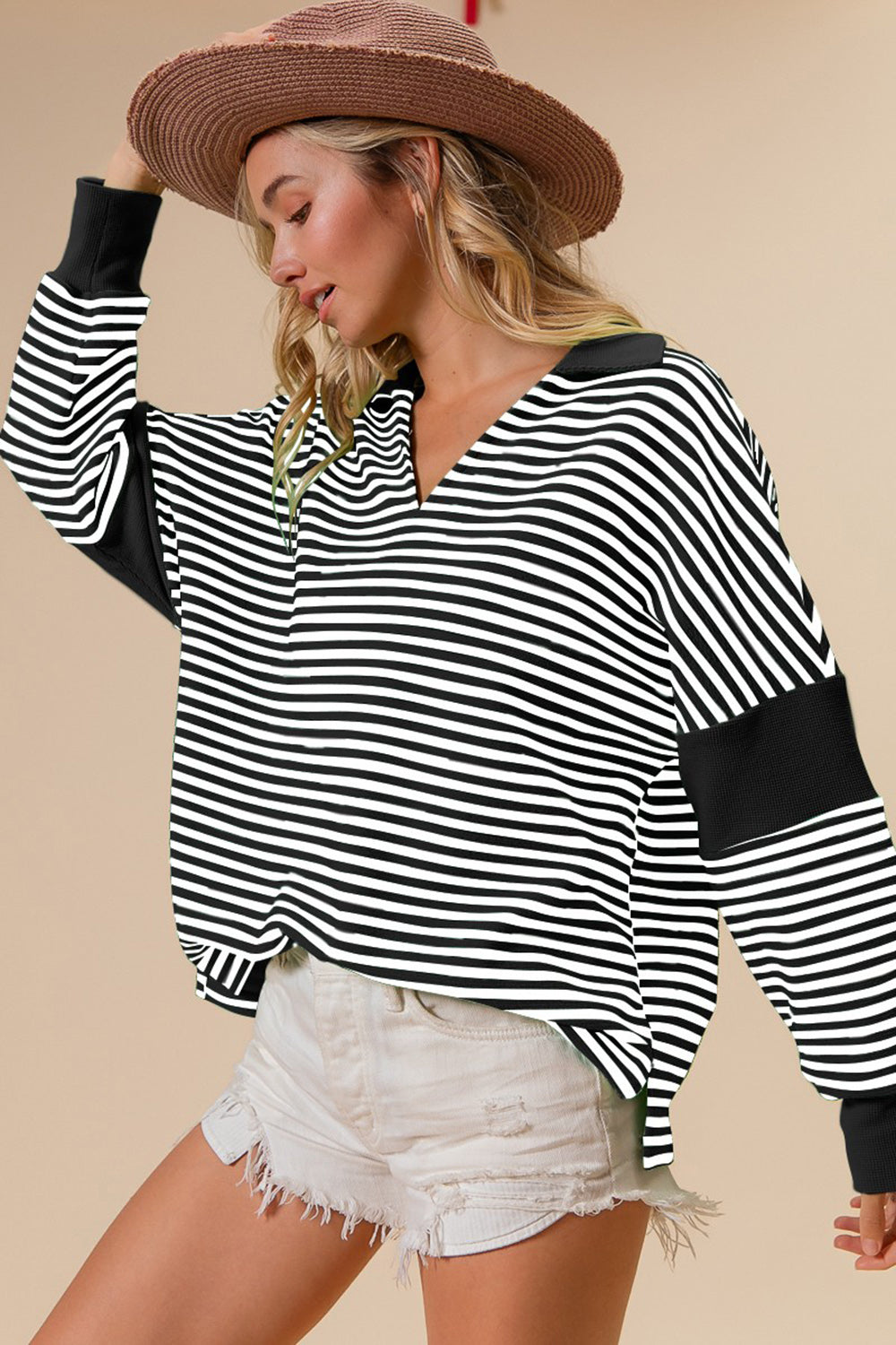 Striped Contrast Relaxed Long Sleeve V-neck Knit Top BiBi Black S