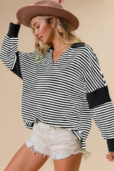 Striped Contrast Relaxed Long Sleeve V-neck Knit Top BiBi Black S